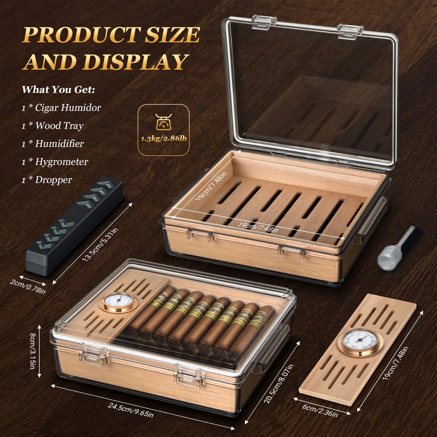 Tesonway Acrylic Cigar Humidor With Cedar Tray Hygrometer