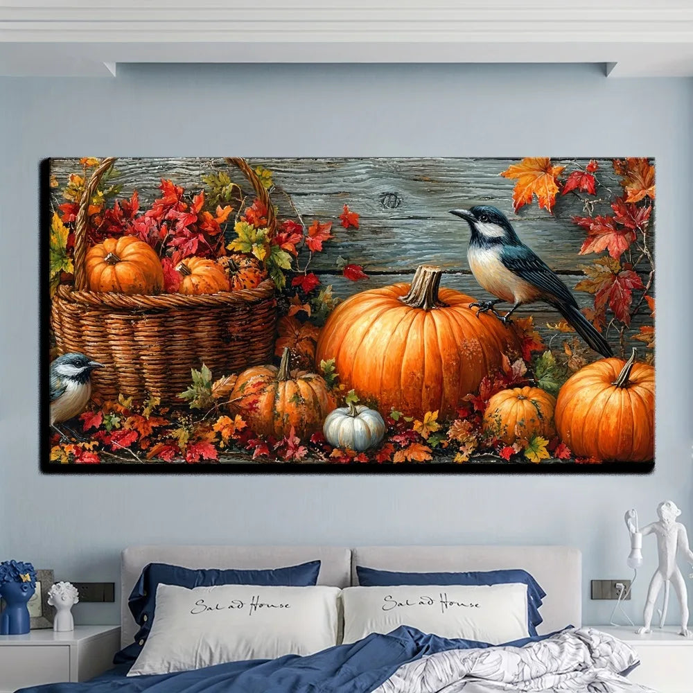 Fall pumpkin canvas painting, wall art, vibrant fall foliage and bird design with 1.5 inch thick pine solid wood frame