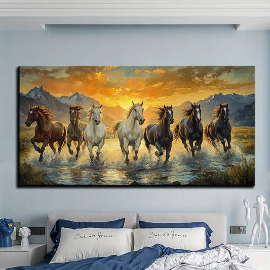 Cheervilla Seven Horse Feng Shui Canvas Wall Art Pine Frame