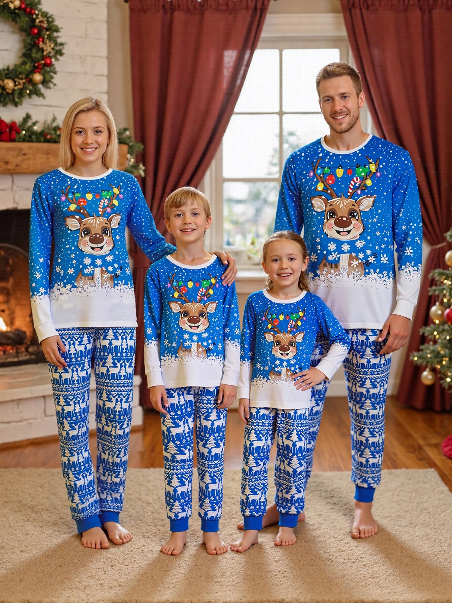 Christmas Family Pajamas Set Snowflake Reindeer Print