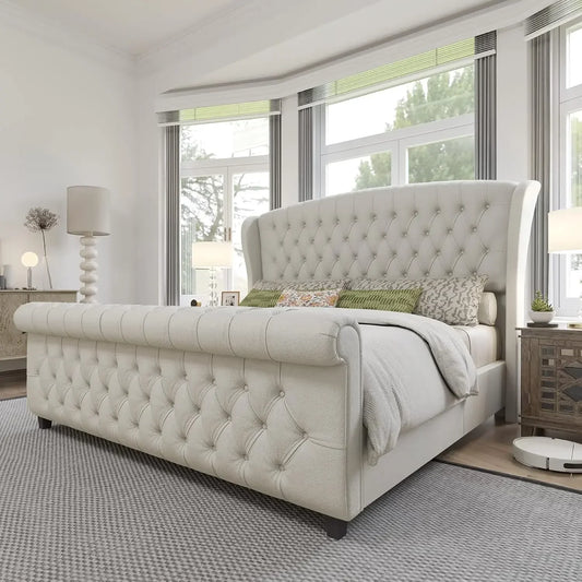 XMSJ Chenille Sleigh Bed With Scroll Wingback Headboard