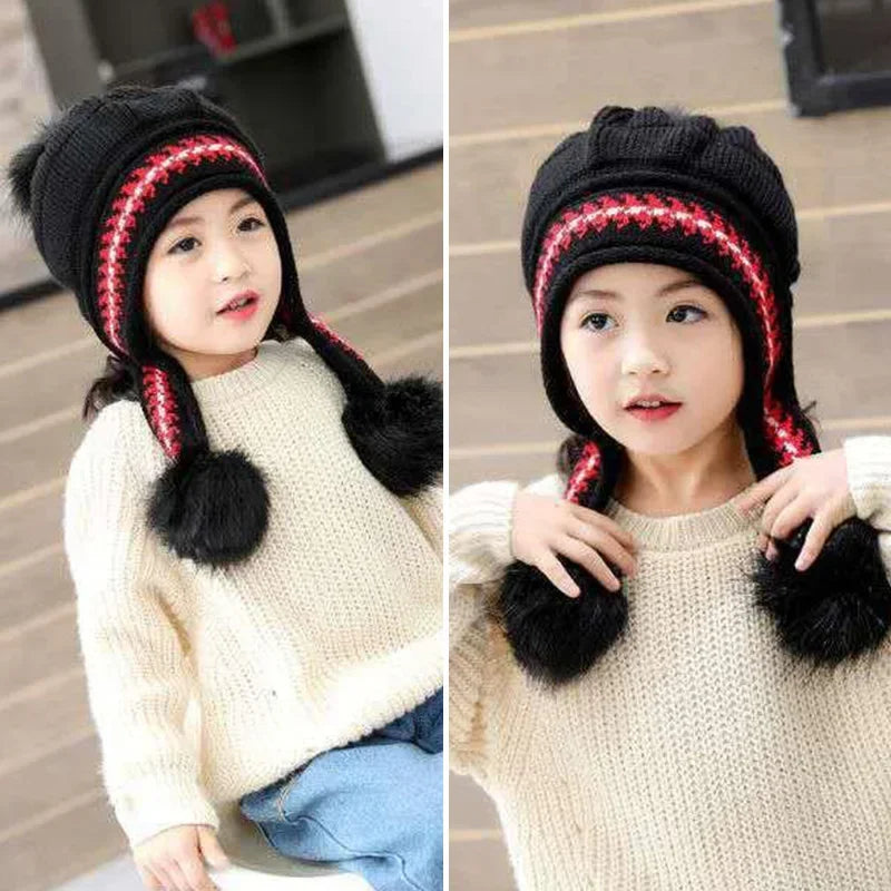 Plush Ball Children Ear Protection Hat Thicken Warm Kids Earmuffs Cap 3-12year Boy Girl Woolen Knitted Beanies Winter Skullcaps