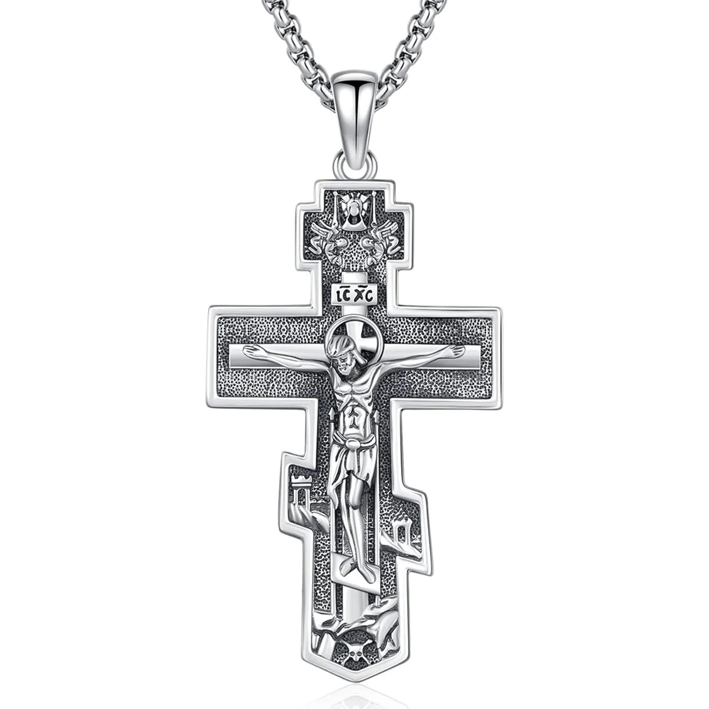 DRINSPER 925 SterlingSilver OrthodoxCross Necklace Pendant ReligiousAmulet For MenWomen GiftIdea