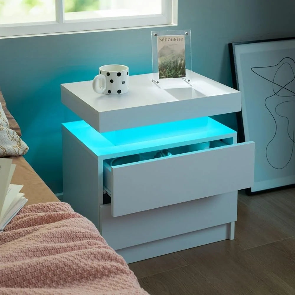 Frame Nightstand Set Of 2 With LED Drawers Bedside Table