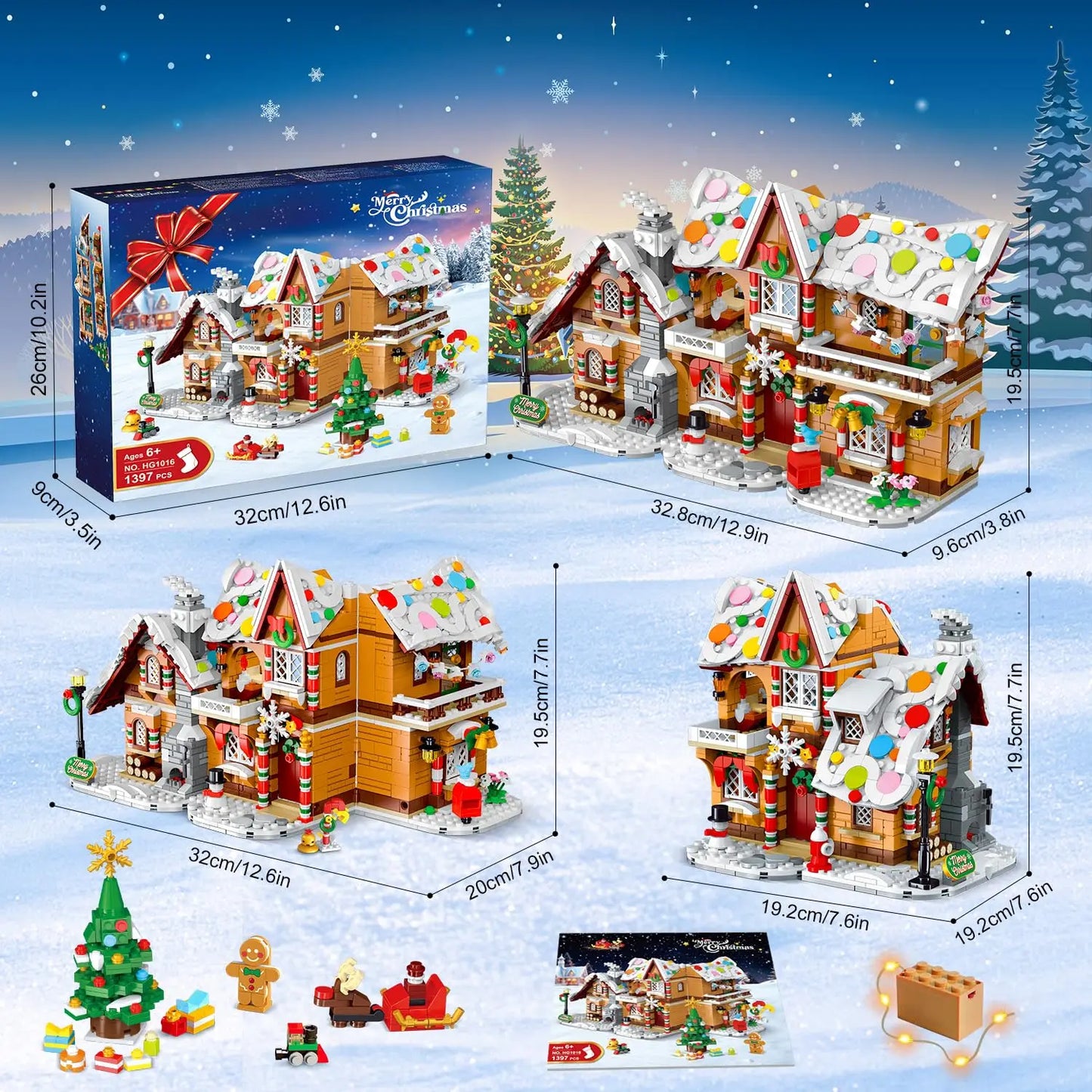 2025 Christmas Gingerbread House Building Toy with LED Light-3 Style Modes Block with Santa Xmas Tree Train for Adults Kids8+