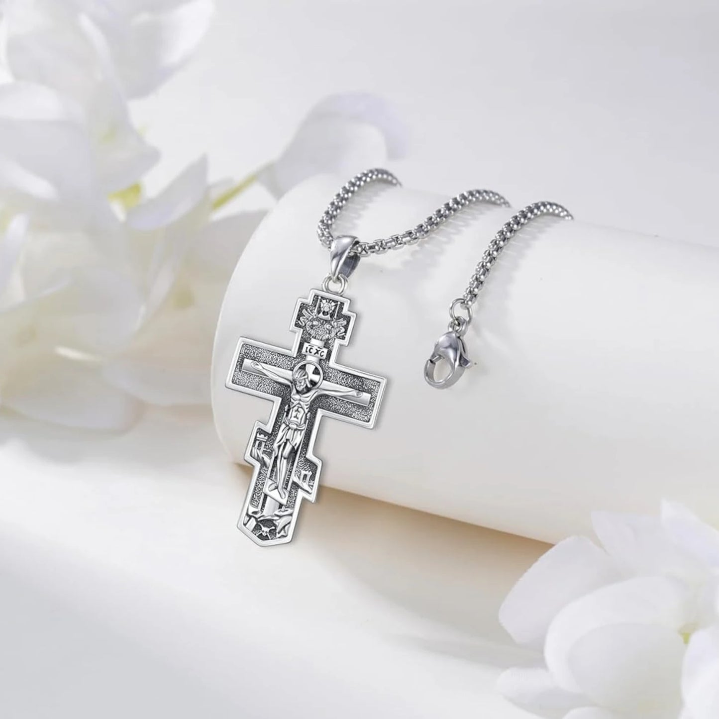 DRINSPER 925 SterlingSilver OrthodoxCross Necklace Pendant ReligiousAmulet For MenWomen GiftIdea
