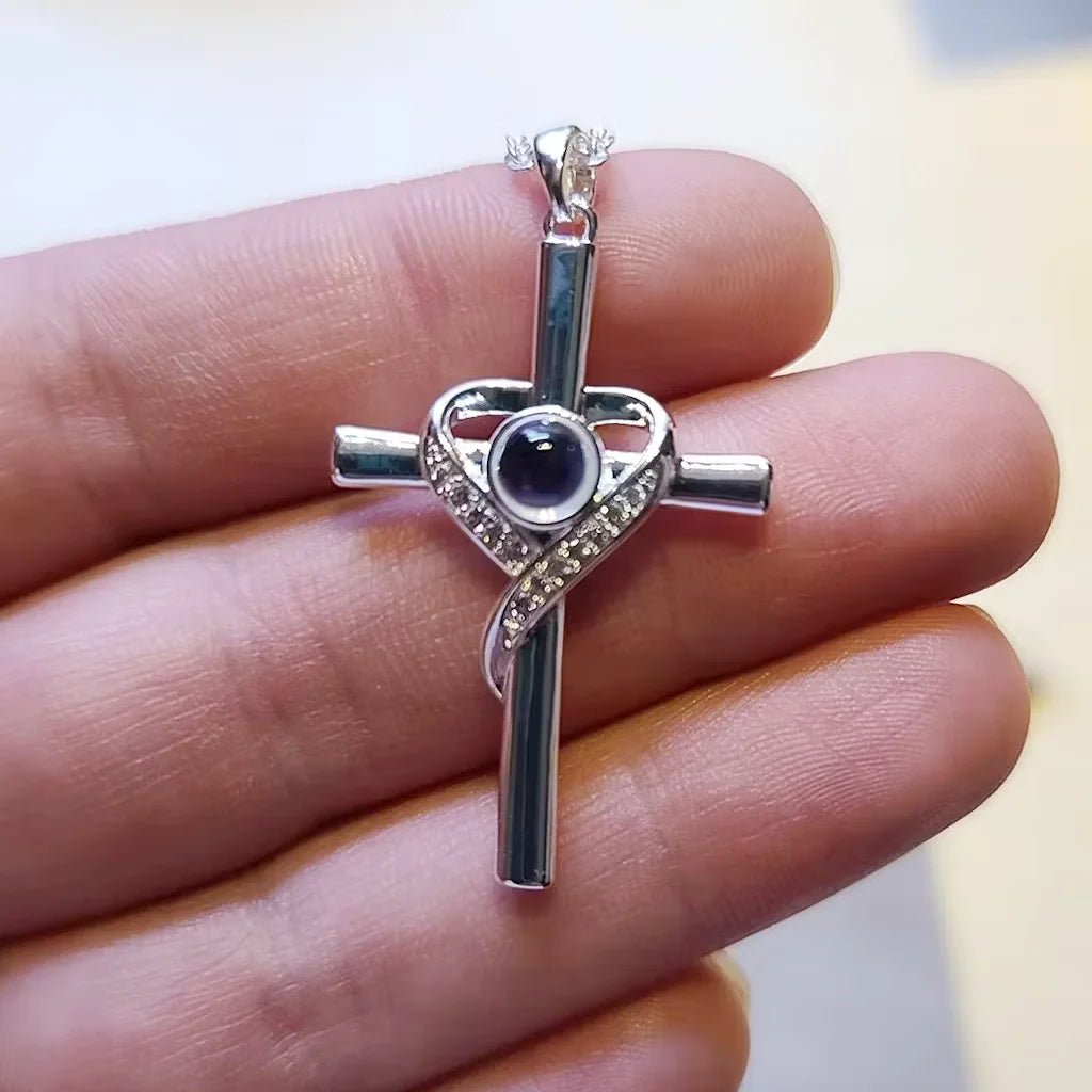 CN Zhejiang Cross Photo Memory Projection Necklace With Zirconia Heart