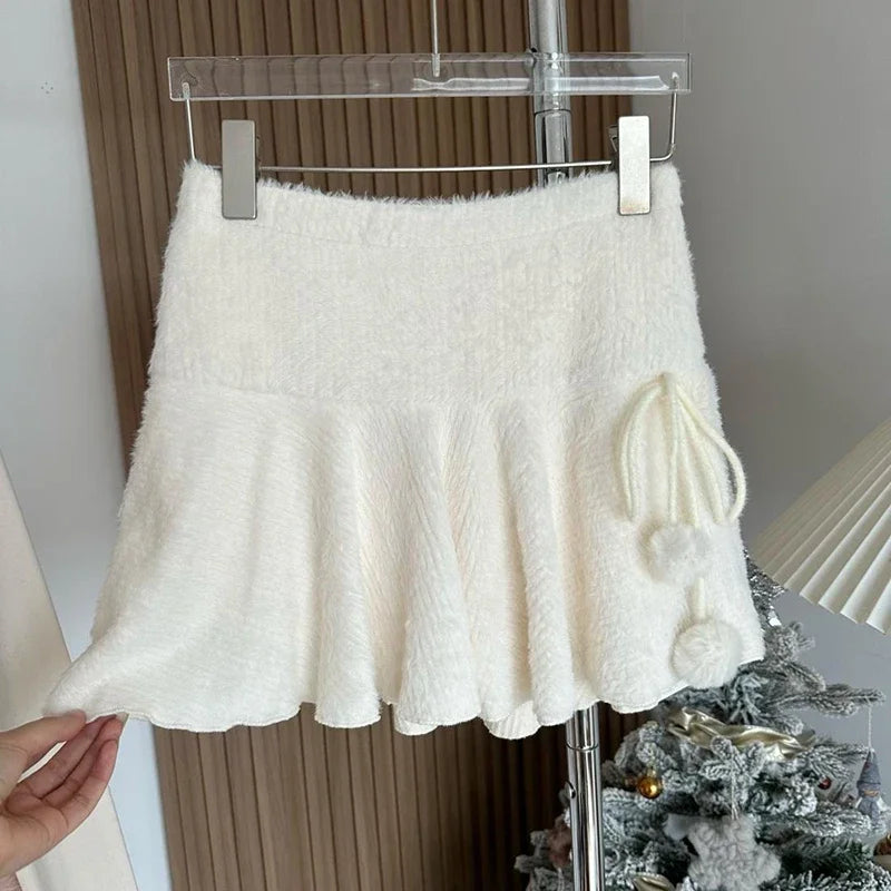 Kawaii White Mini Skirts Women Preppy Cute High Waist Skirt Winter Japanese Streetwear Lace Up Chic Slim A Line Faldas New