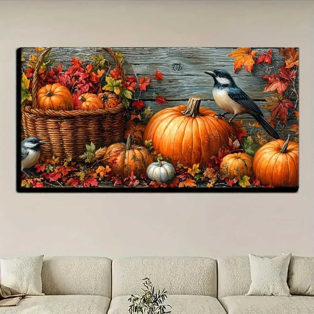 Fall pumpkin canvas painting, wall art, vibrant fall foliage and bird design with 1.5 inch thick pine solid wood frame