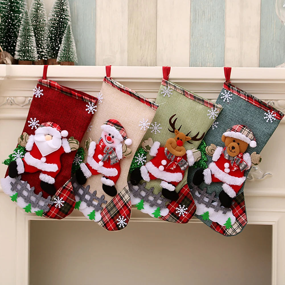 12-4PCS Christmas Stockings Set Large Capacity Surprised Gift Bag Set Santa Claus/Snowman/Bear/Elk for Xmas Tree Fireplace