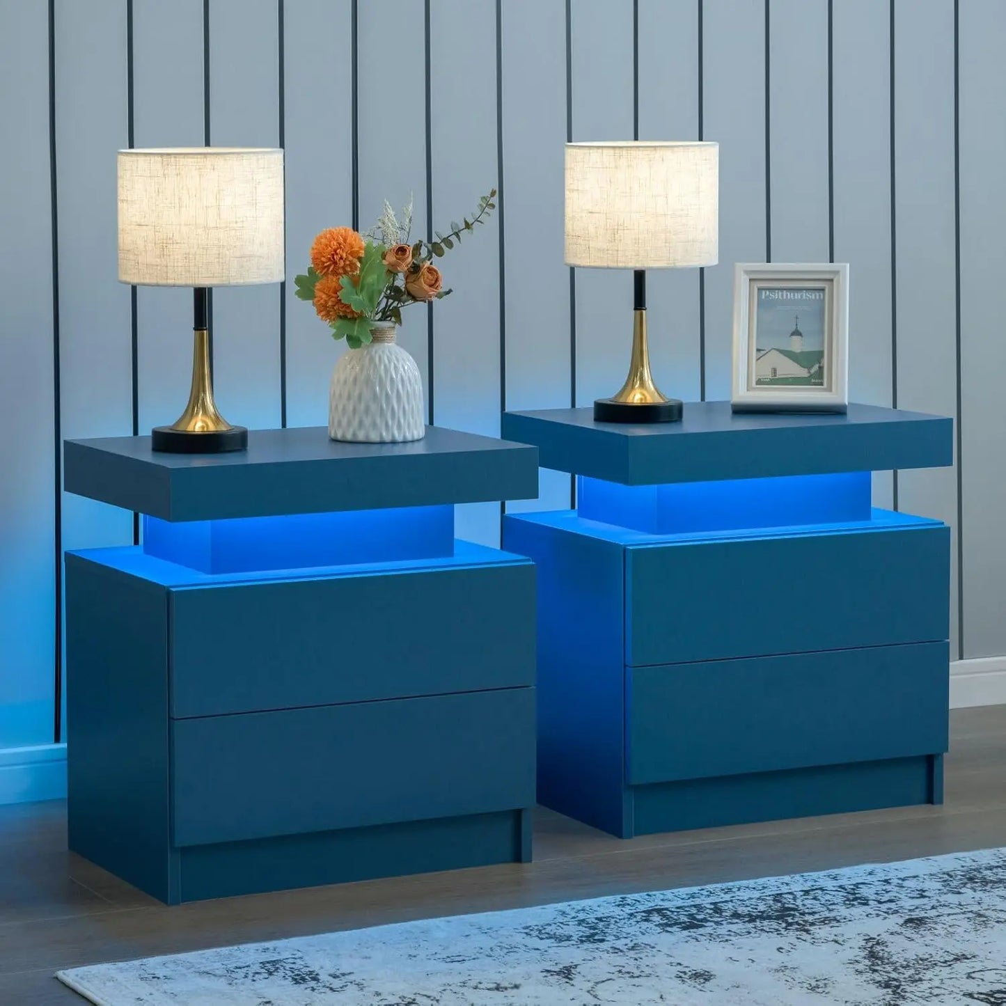 Frame Nightstand Set Of 2 With LED Drawers Bedside Table