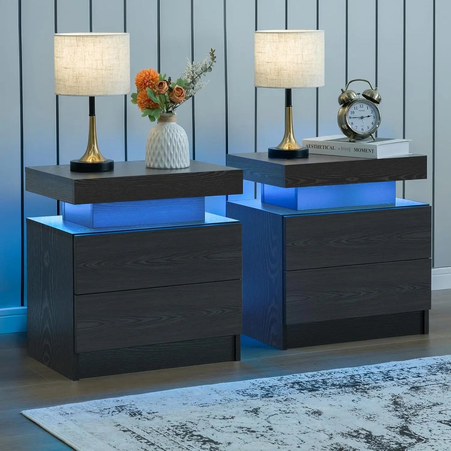 Frame Nightstand Set Of 2 With LED Drawers Bedside Table