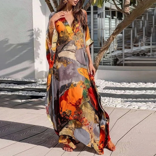 OSHOPLIVECN Bohemian Maxi Dress Asymmetric Batwing Sleeves