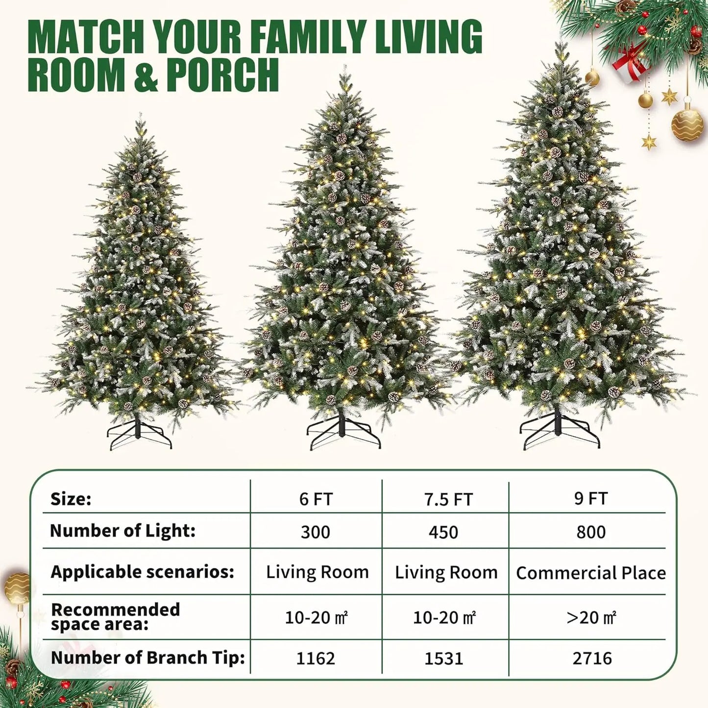 6Ft/7.5Ft/9Ft Pre-Lit Snow Flocked Christmas Tree 8-Modes LED Lights Prelit Artificial Tree With Fake Pine Cones For Home Decor