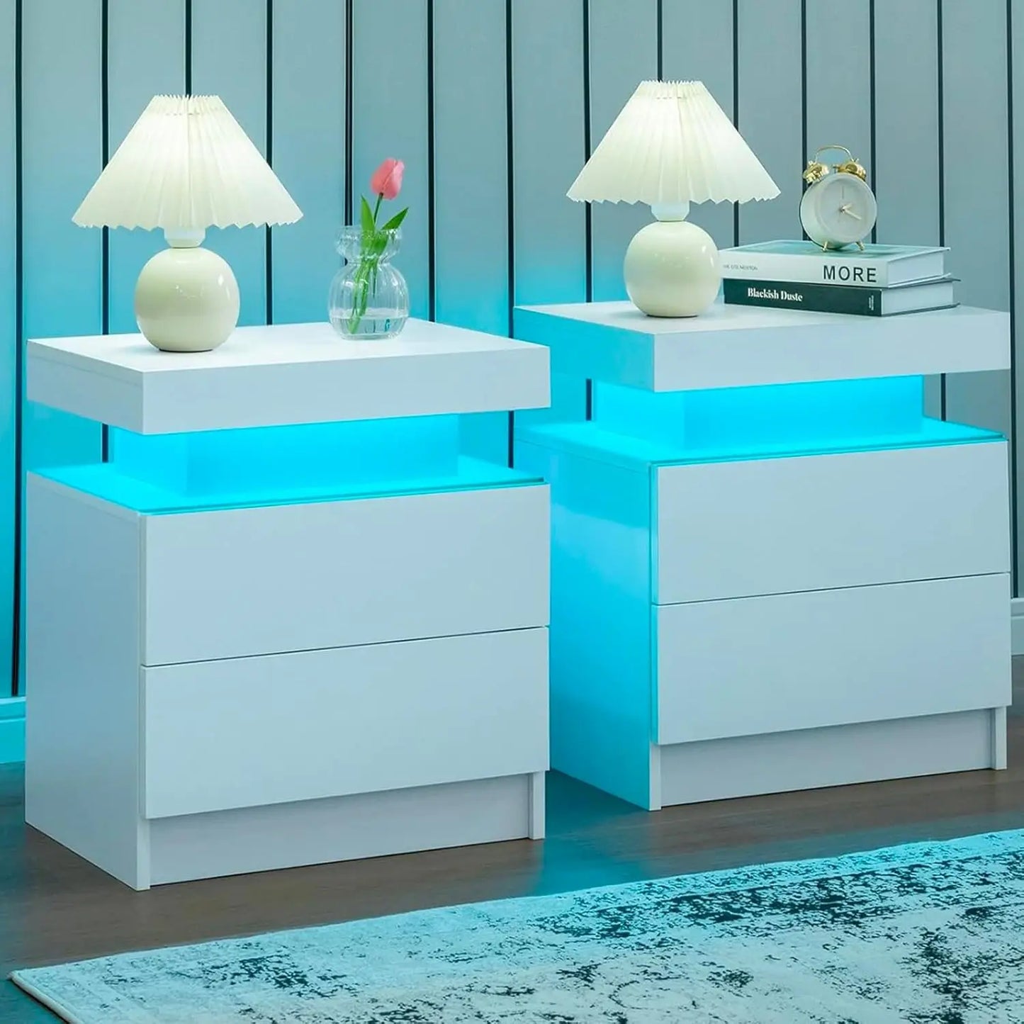 Frame Nightstand Set Of 2 With LED Drawers Bedside Table