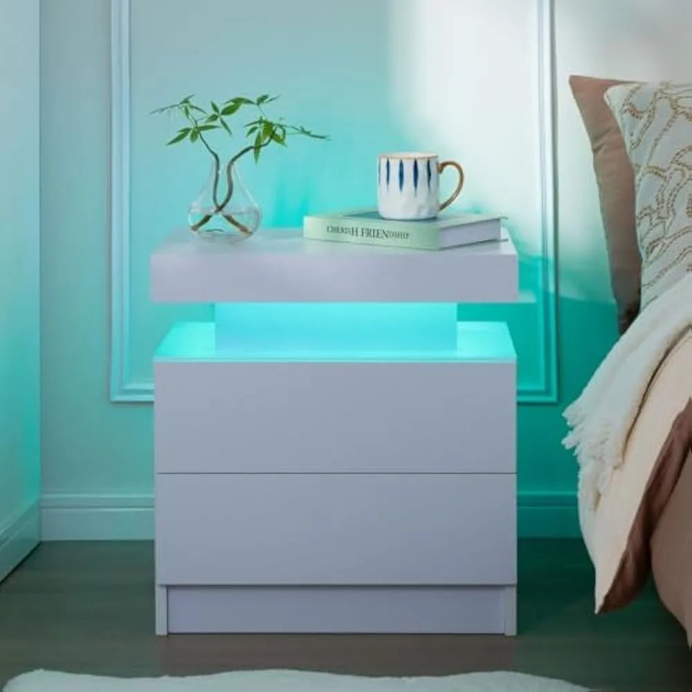 Frame Nightstand Set Of 2 With LED Drawers Bedside Table