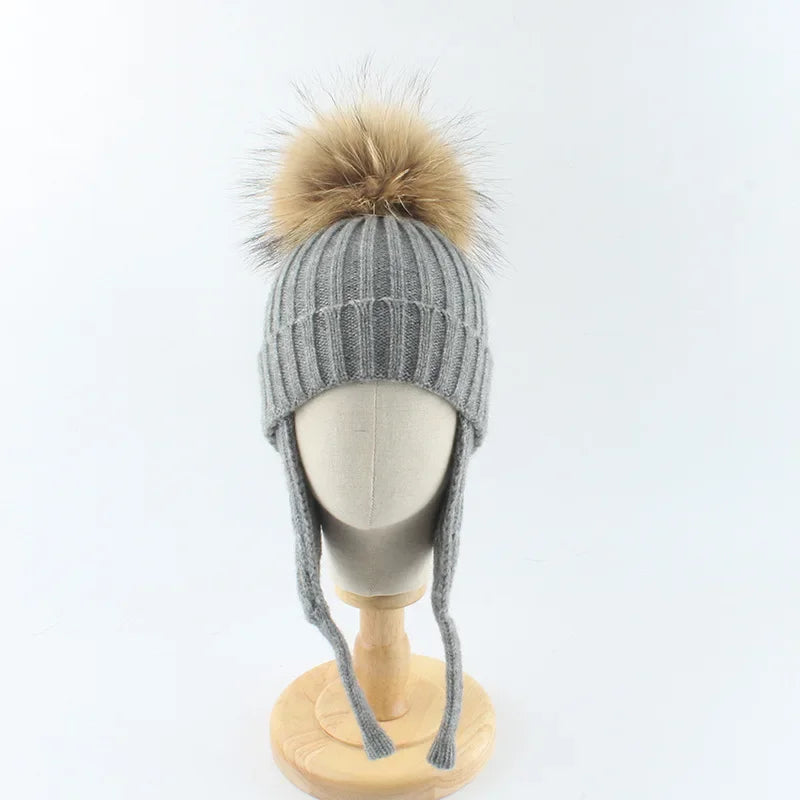 Winter Baby Knitted Hat Pompom Real Fur Ball Wool Baby Bonnet Hat for Girls Boys Infant Beanie Kids Cap Toddler Accessories 1-6Y