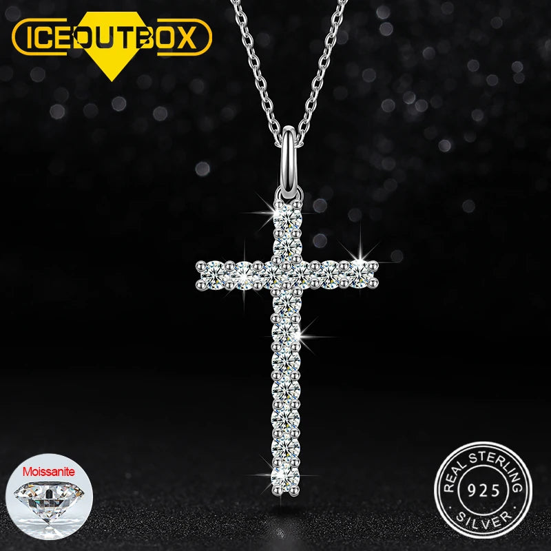 ICEOUTBOXCN Exquisite Fashion 925 Sterling Silver Moissanite Cross Pendant Necklace