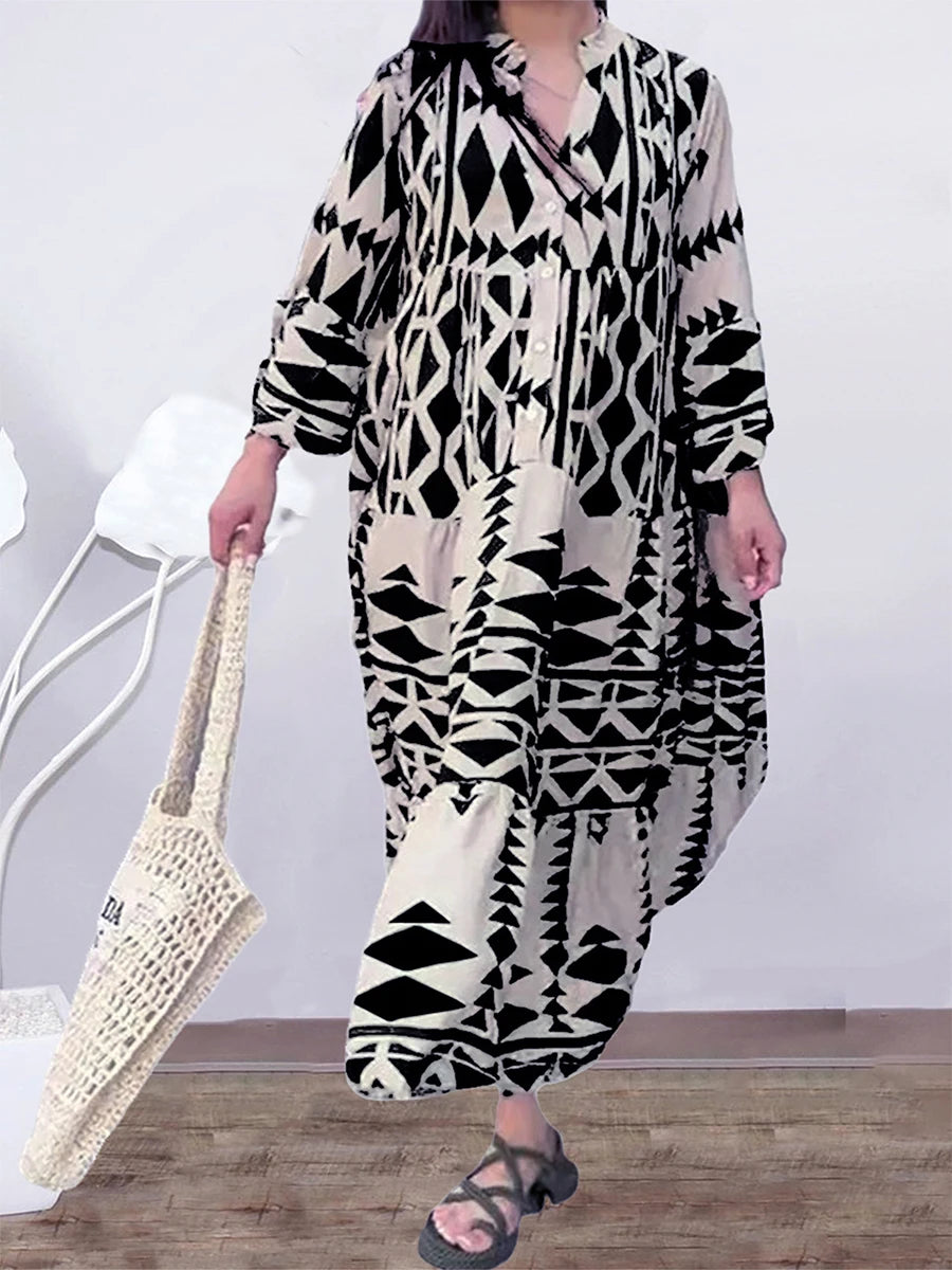 Hirigin Geometric Print Boho Dress With Long Sleeves