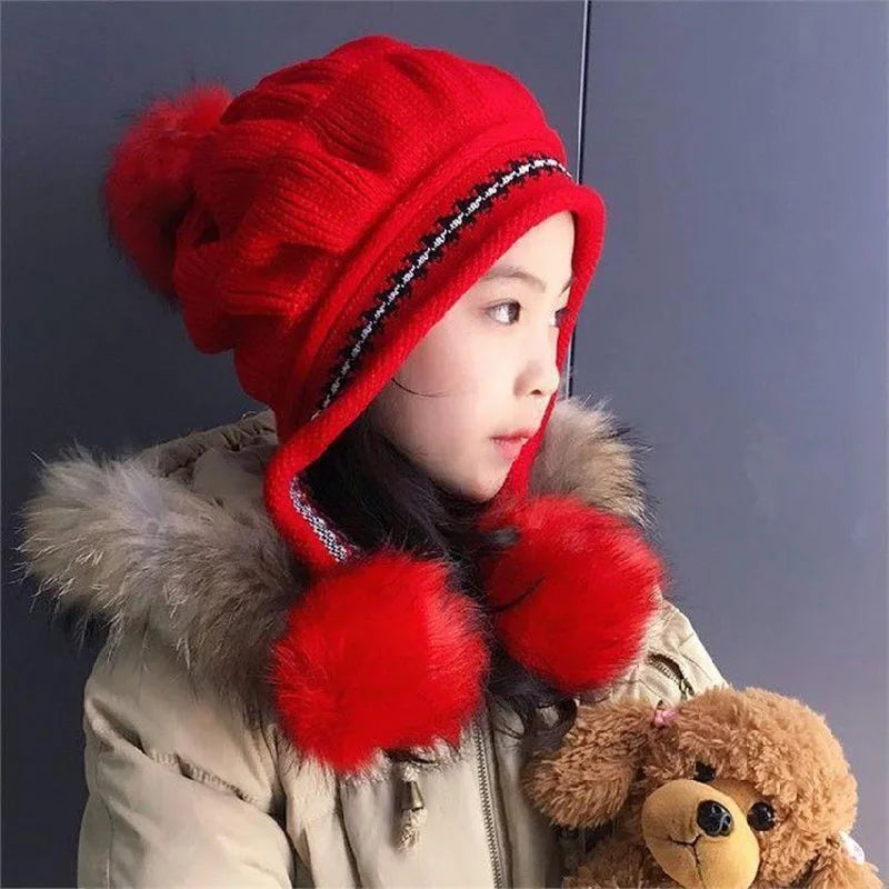 Plush Ball Children Ear Protection Hat Thicken Warm Kids Earmuffs Cap 3-12year Boy Girl Woolen Knitted Beanies Winter Skullcaps