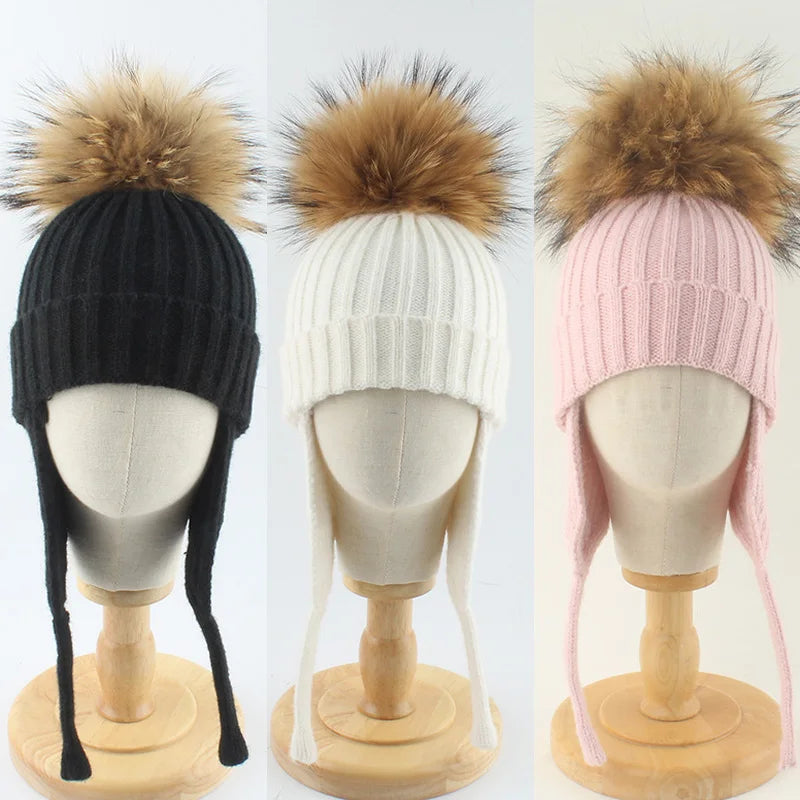 Winter Baby Knitted Hat Pompom Real Fur Ball Wool Baby Bonnet Hat for Girls Boys Infant Beanie Kids Cap Toddler Accessories 1-6Y