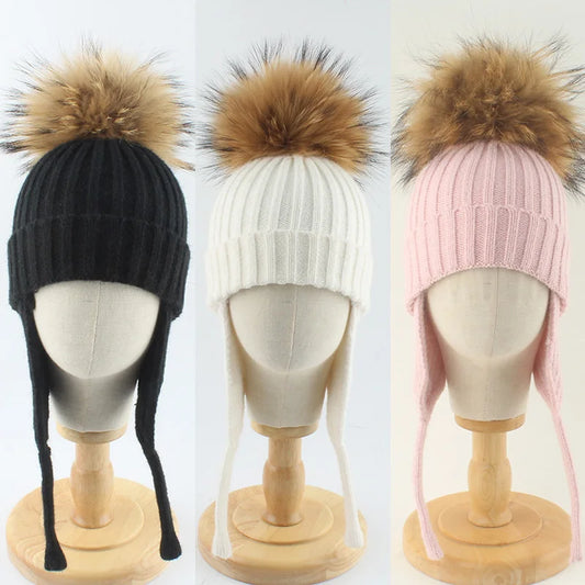 Winter Baby Knitted Hat Pompom Real Fur Ball Wool Baby Bonnet Hat for Girls Boys Infant Beanie Kids Cap Toddler Accessories 1-6Y