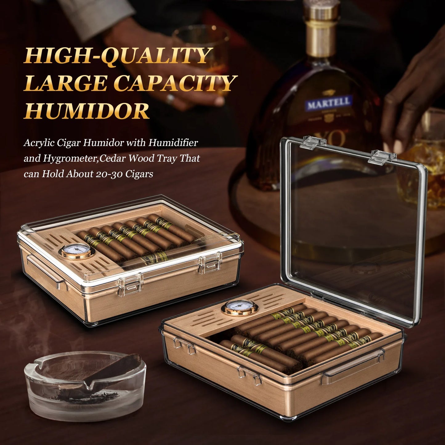 Tesonway Acrylic Cigar Humidor With Cedar Tray Hygrometer