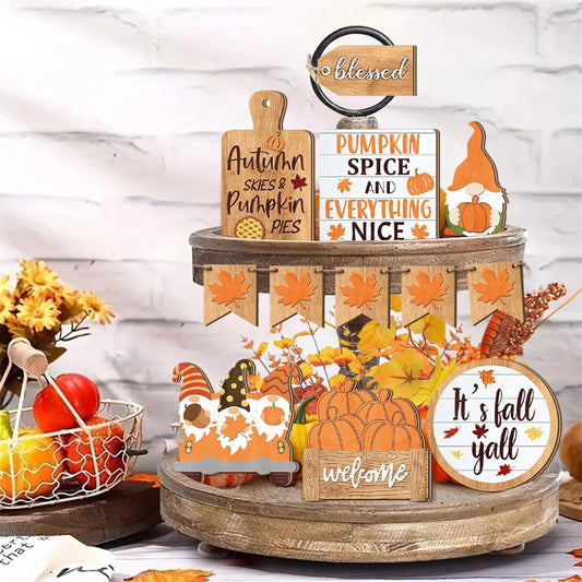 Fall Harvest Wooden Pumpkin Maple Leaf Table Centerpiece Decor Set of 10 Colorful Thanksgiving Tiered Tray Decorations for Home