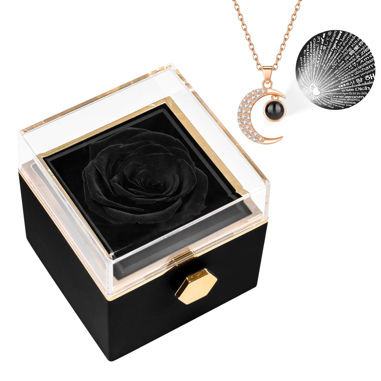 Rotating Eternal Flower Jewelry Box with "I Love You" necklace Set in 100 languages Birthday Valentine's Day Mother's Day Gift
