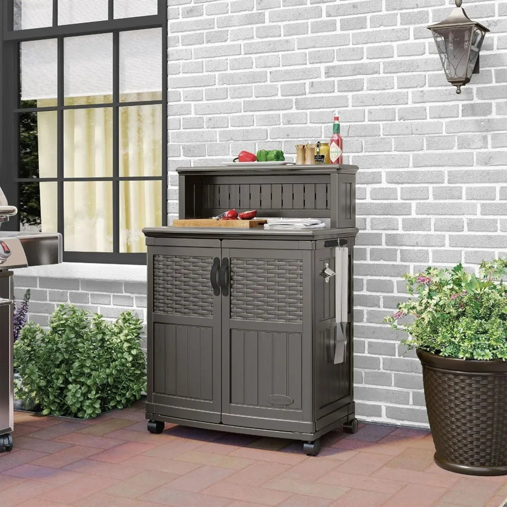 High-concerned Patio Storage And Prep Station With Decorative Wicker PanelSystems