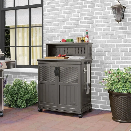 High-concerned Patio Storage And Prep Station With Decorative Wicker PanelSystems