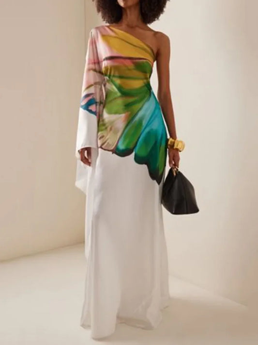 OSHOPLIVECN Floral One Shoulder Maxi Dress For Evening