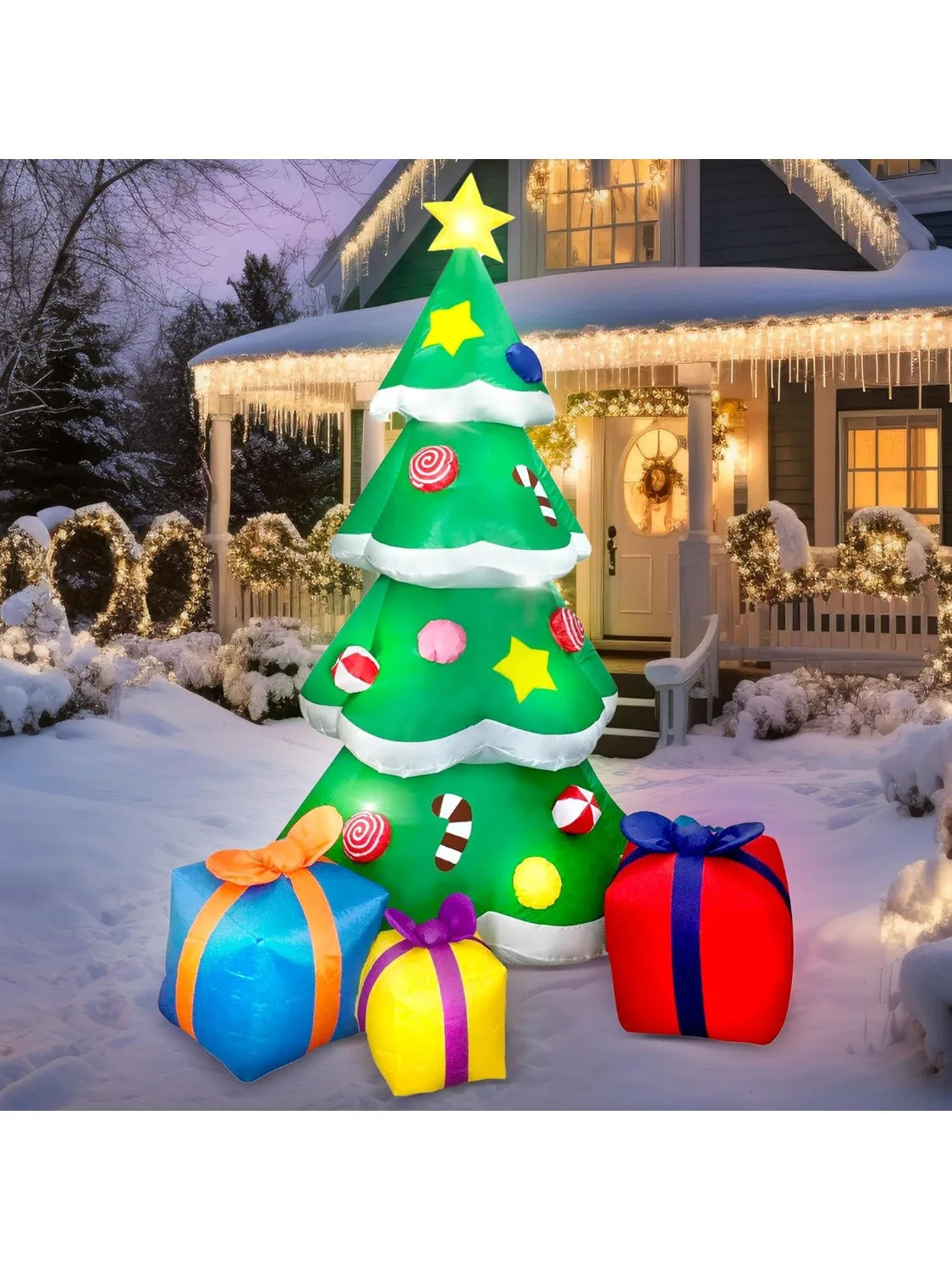 JOYFY 7 FT Christmas Tree Inflatables Outdoor Decoration Giant with 3 Gift Boxes Build-in LEDs for Blow Up Xmas Decoration