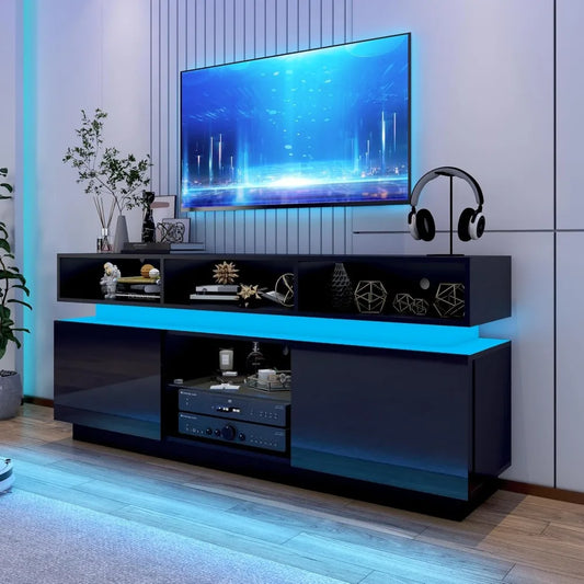 Modern Tall TV Stand With Glass Doors Storage Console