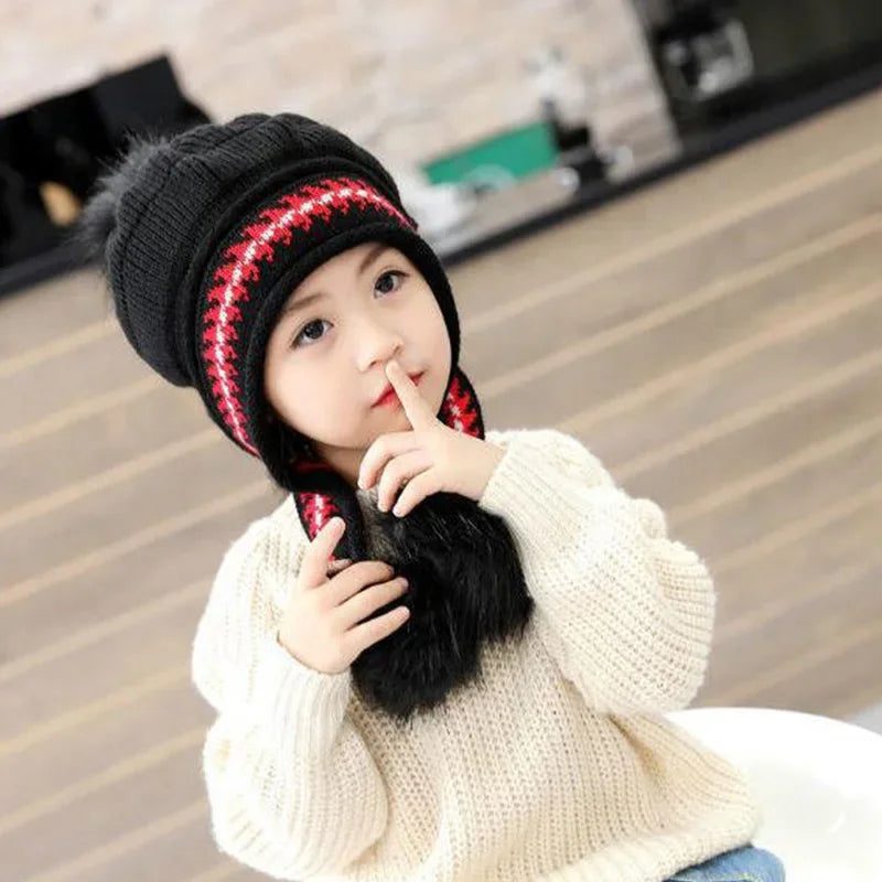 Plush Ball Children Ear Protection Hat Thicken Warm Kids Earmuffs Cap 3-12year Boy Girl Woolen Knitted Beanies Winter Skullcaps