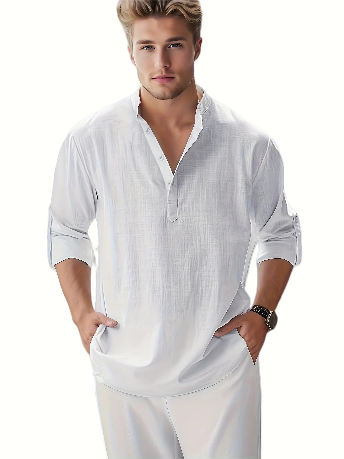 Men's Linen Stand Collar Long Sleeve Shirt Solid Pattern