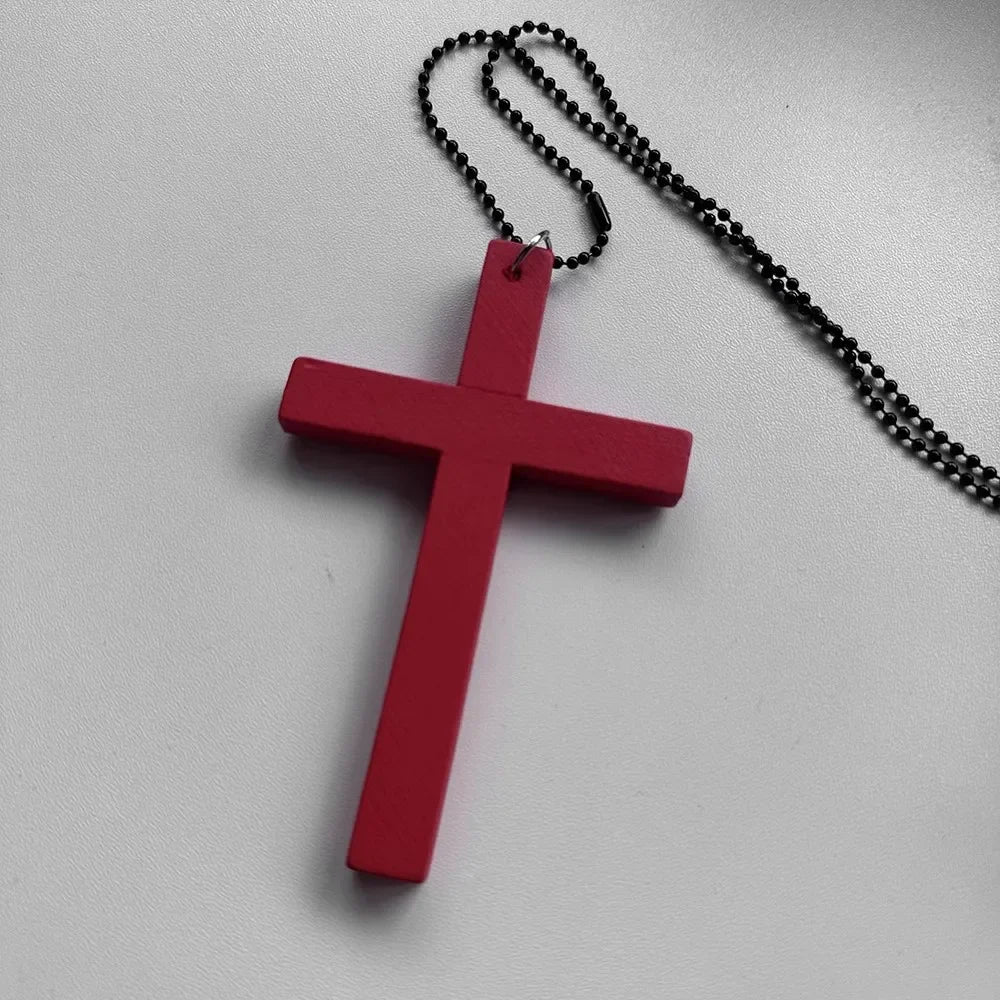 Gothic Y2K HandcraftedArtisanal Distressed Wood Cross Pendant Necklace For Unisex