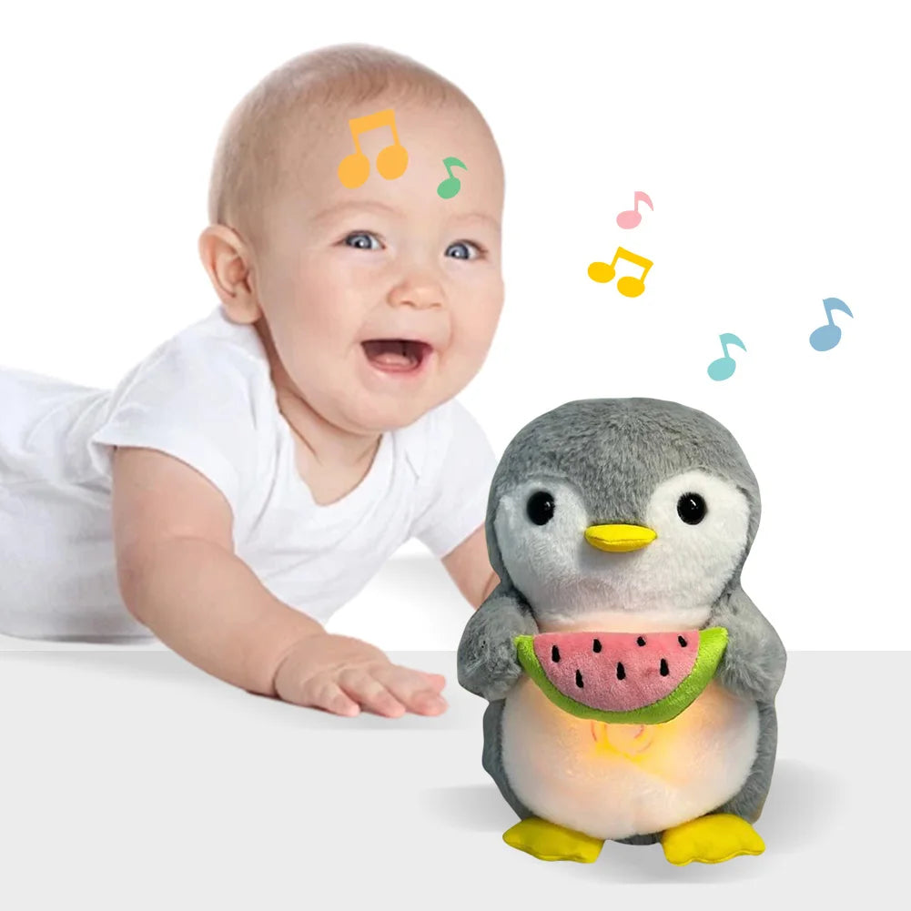 Cute Penguin Stuffed Animal Baby Sound Machine with Music Lights Rhythmic Breathing Motion Comfort Doll Xmas Gifts for Newborns