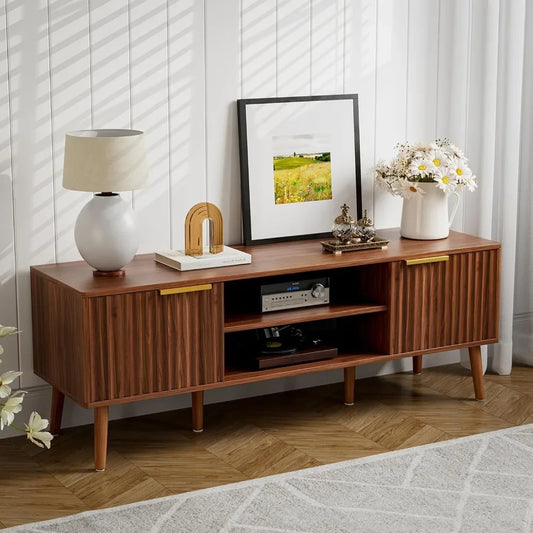 Mid Century Modern TV Stand With Fluted Doors And Shelves