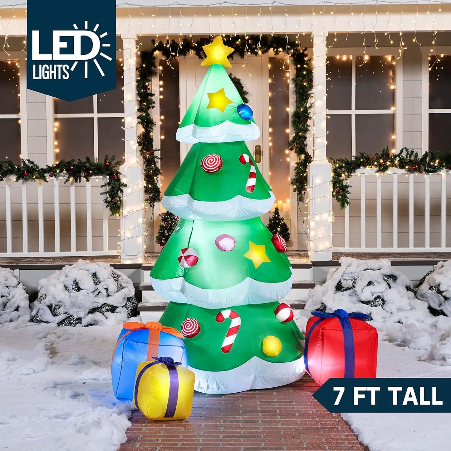 JOYFY 7 FT Christmas Tree Inflatables Outdoor Decoration Giant with 3 Gift Boxes Build-in LEDs for Blow Up Xmas Decoration