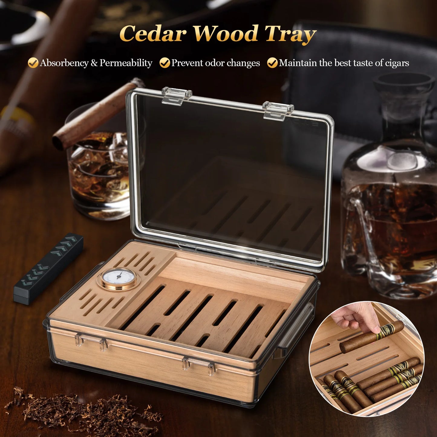 Tesonway Acrylic Cigar Humidor With Cedar Tray Hygrometer