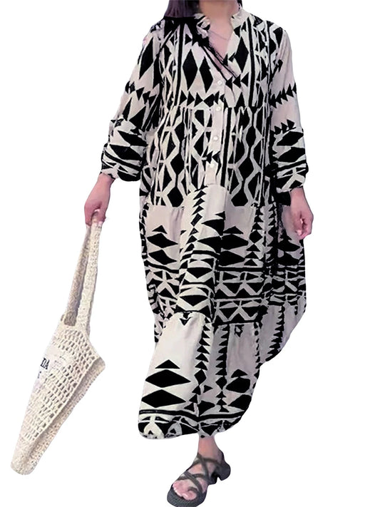 Hirigin Geometric Print Boho Dress With Long Sleeves