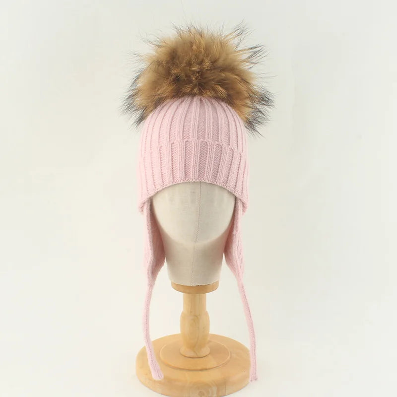 Winter Baby Knitted Hat Pompom Real Fur Ball Wool Baby Bonnet Hat for Girls Boys Infant Beanie Kids Cap Toddler Accessories 1-6Y