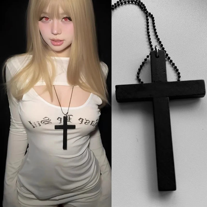 Gothic Y2K HandcraftedArtisanal Distressed Wood Cross Pendant Necklace For Unisex