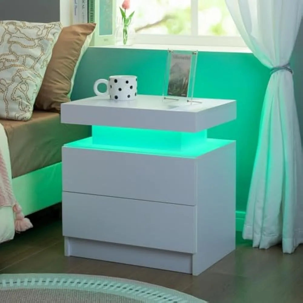Frame Nightstand Set Of 2 With LED Drawers Bedside Table