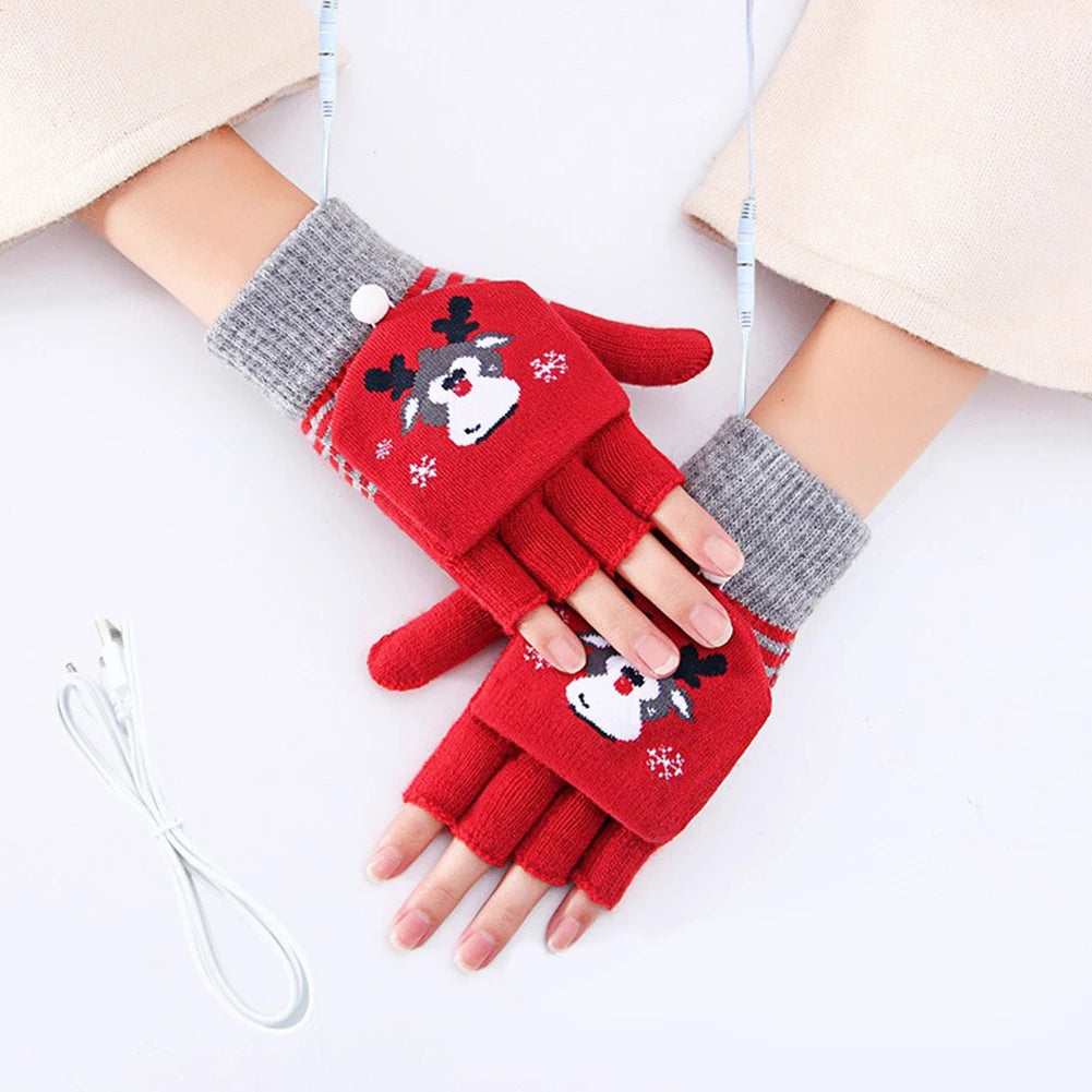 Children Winter Gloves Christmas Cute Cartoon Elk Flip Half-Finger Mittens For Girl Boy Kids Warm Cotton Lined Fingerless Gloves