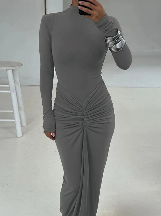 Shirring Women Classic Maxi Dress Long Sleeve High Collar