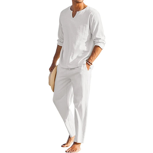 Cheervilla Mens Summer Cotton Linen Henley Shirt Lounge Set
