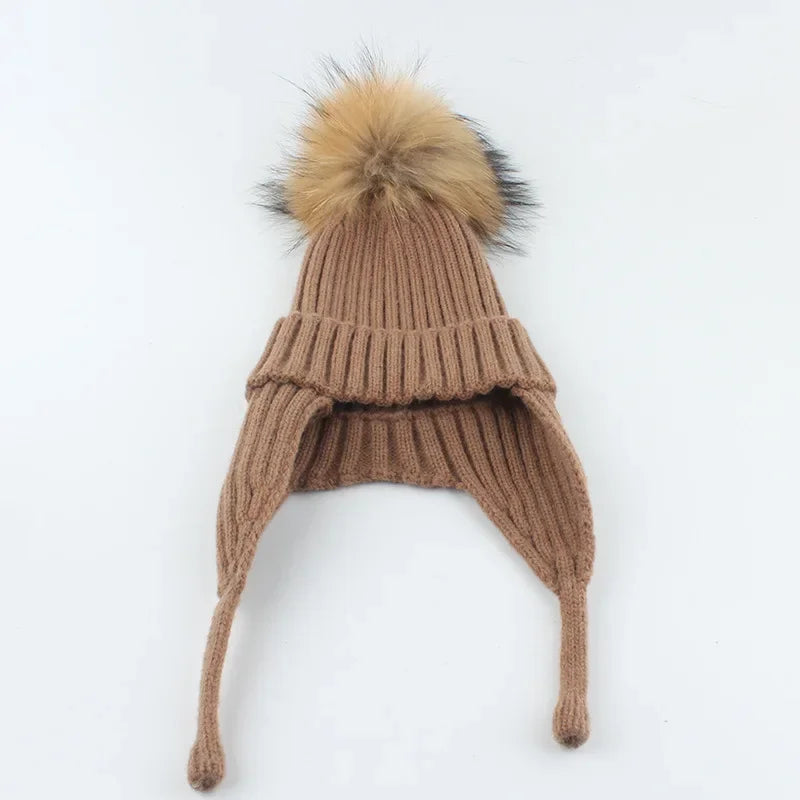 Winter Baby Knitted Hat Pompom Real Fur Ball Wool Baby Bonnet Hat for Girls Boys Infant Beanie Kids Cap Toddler Accessories 1-6Y