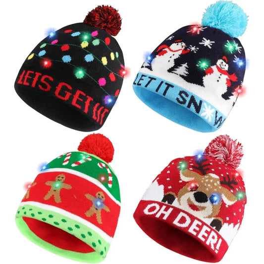 Light Up Christmas Hat Christmas Knitted Beanie Hat with Cute Cartoon Design and 6 Colorful LED Lights Ideal for Holiday Partie